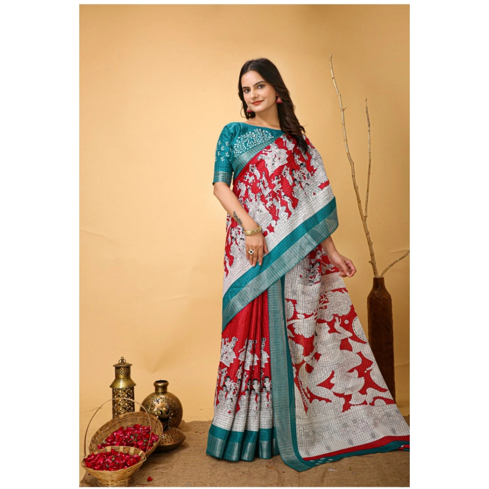 Amfyn Women's Soft Handloom Cotton Kalamkari Printed Saree With Unstitched Blouse 5.5Mtr (Red)