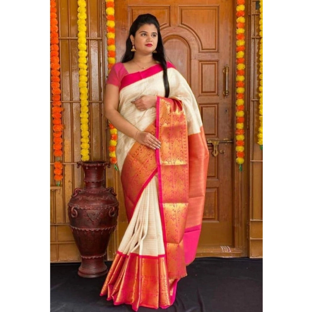Amfyn Women's Soft Lichi Silk Printed Saree With Unstitched Blouse 5.5Mtr (Cream)