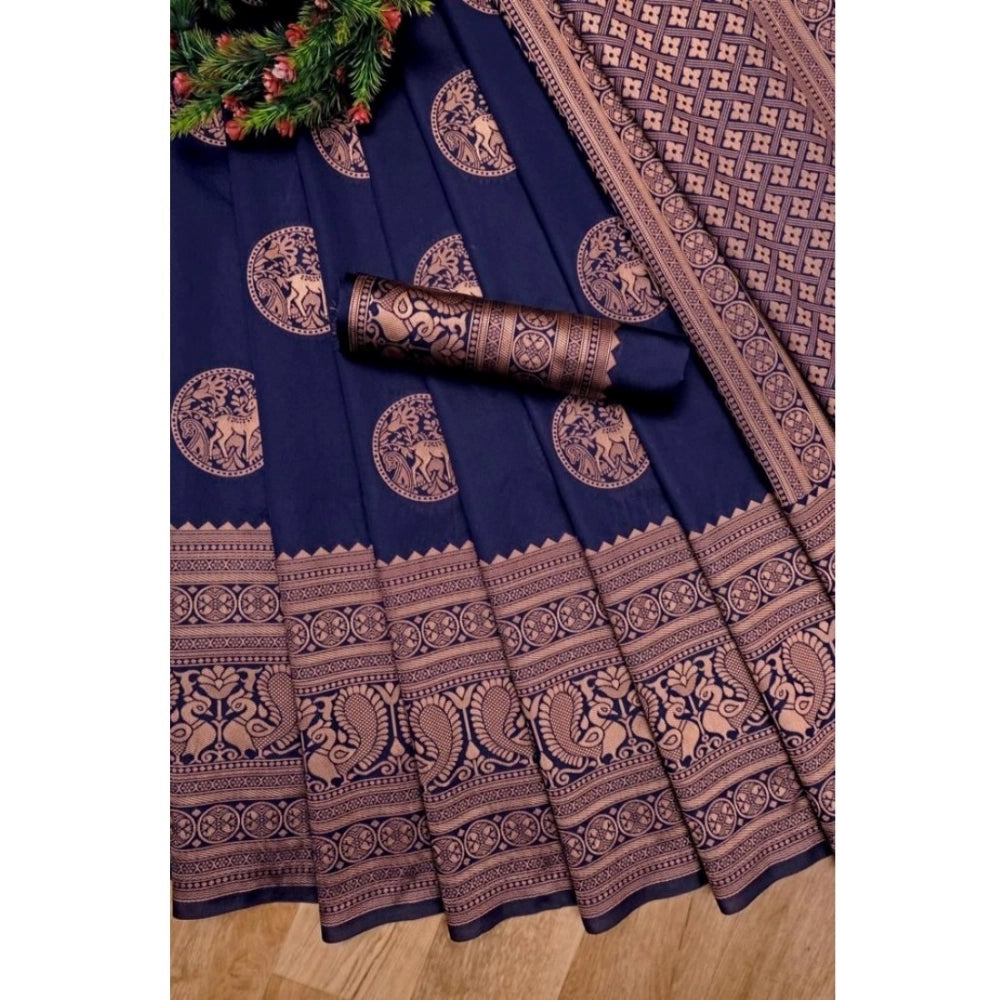 Amfyn Women's Soft Lichi Silk Printed Saree With Unstitched Blouse 5.5Mtr (Navy Blue)