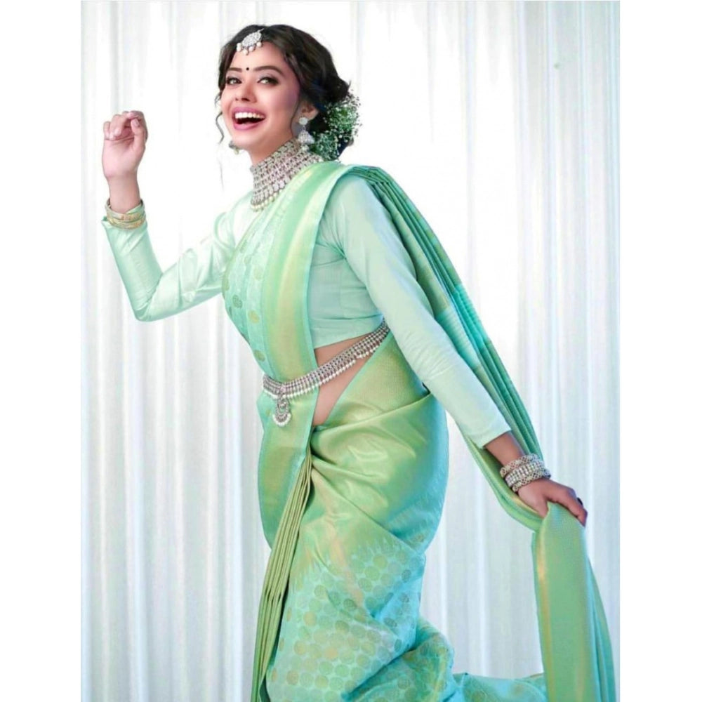 Amfyn Women's Soft Lichi Silk Printed Saree With Unstitched Blouse 5.5Mtr (Light Green)