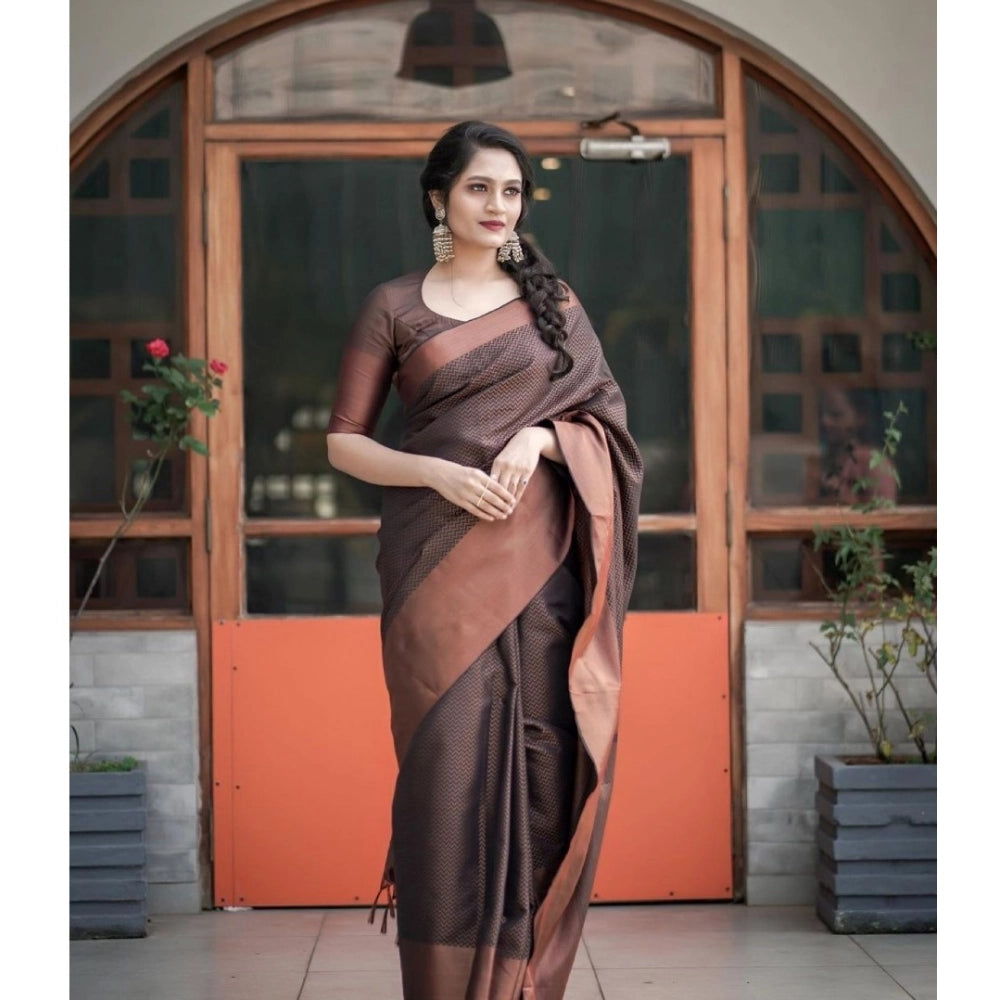Amfyn Women's Soft Lichi Silk Printed Saree With Unstitched Blouse 5.5Mtr (Brown)