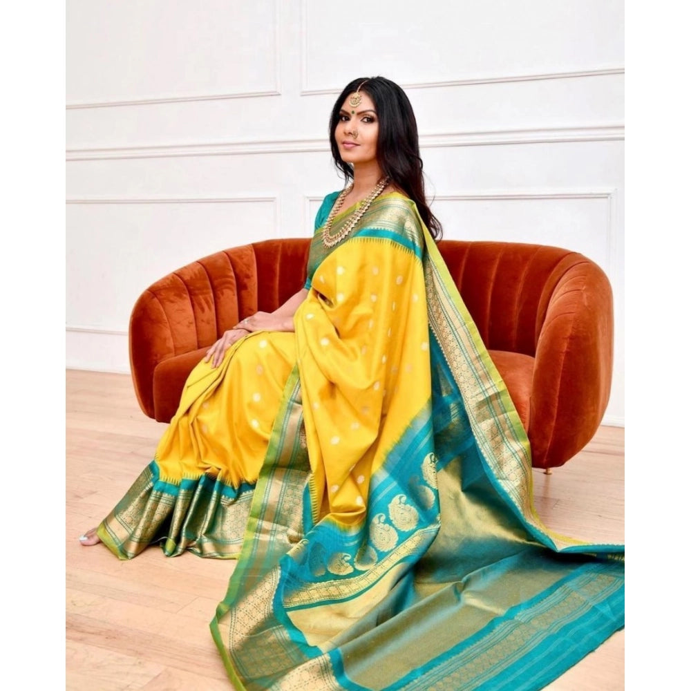 Amfyn Women's Soft Lichi Silk Printed Saree With Unstitched Blouse 5.5Mtr (Yellow)