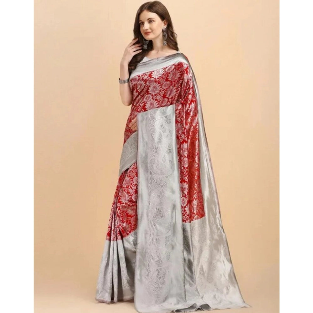 Amfyn Women's Soft Lichi Silk Printed Saree With Unstitched Blouse 5.5Mtr (Red)