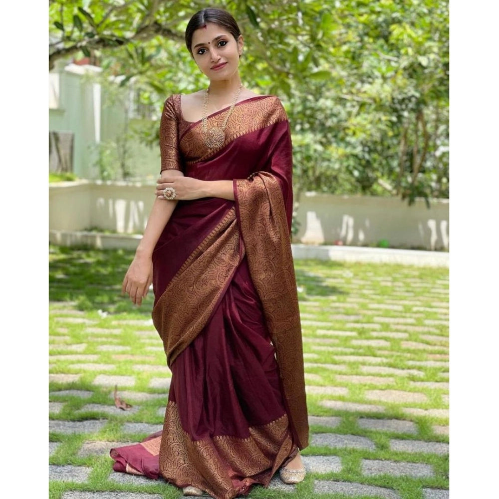 Amfyn Women's Soft Lichi Silk Solid Saree With Unstitched Blouse 5.5Mtr (Maroon)