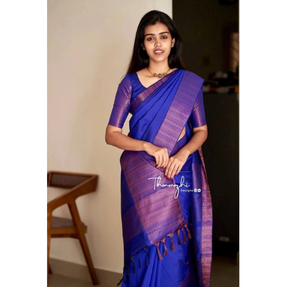 Amfyn Women's Soft Lichi Silk Solid Saree With Unstitched Blouse 5.5Mtr (Blue)