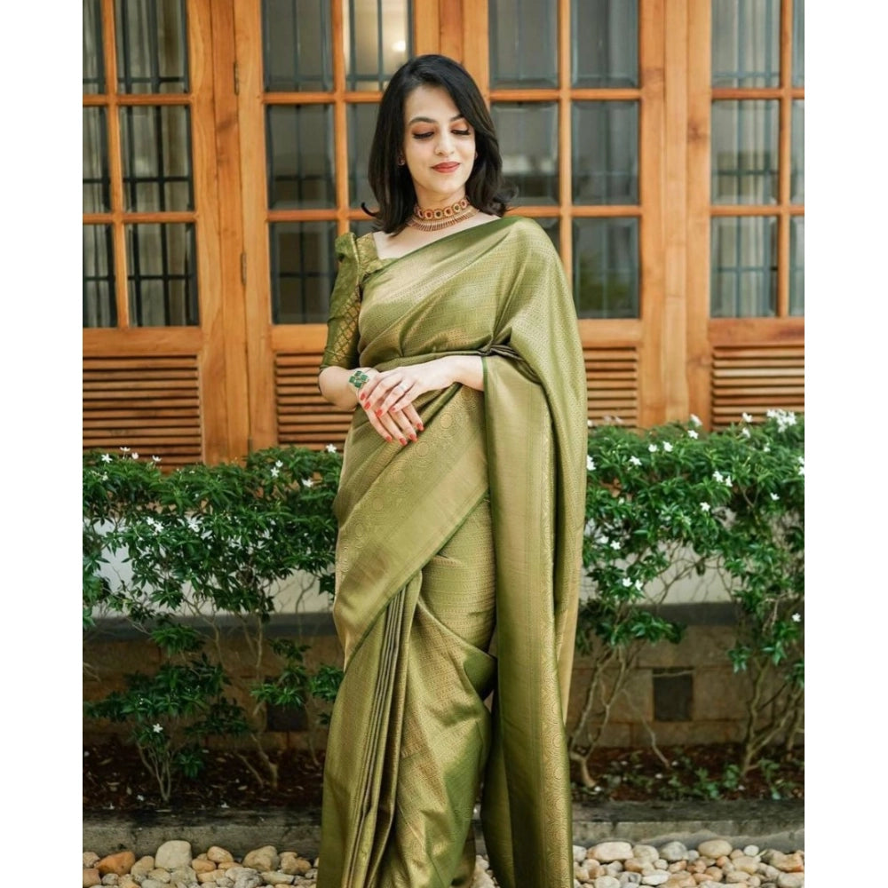 Amfyn Women's Soft Lichi Silk Printed Saree With Unstitched Blouse 5.5Mtr (Green)