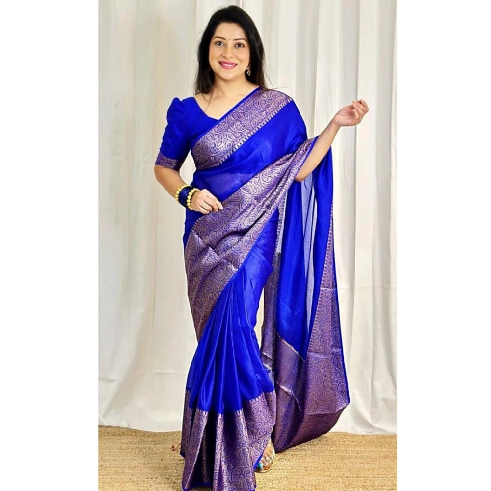 Amfyn Women's Soft Lichi Silk Solid Saree With Unstitched Blouse 5.5Mtr (Blue)