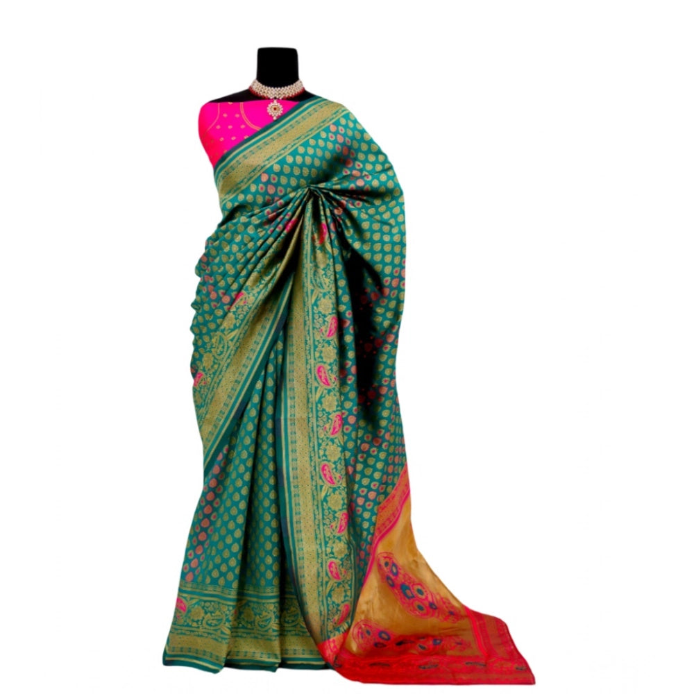Amfyn Women's Banarasi Printed Saree With Unstitched Blouse 5.5Mtr (Rama)