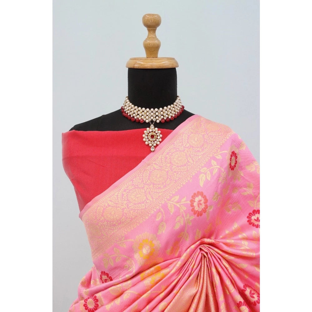 Amfyn Women's Banarasi Printed Saree With Unstitched Blouse 5.5Mtr (Pink)