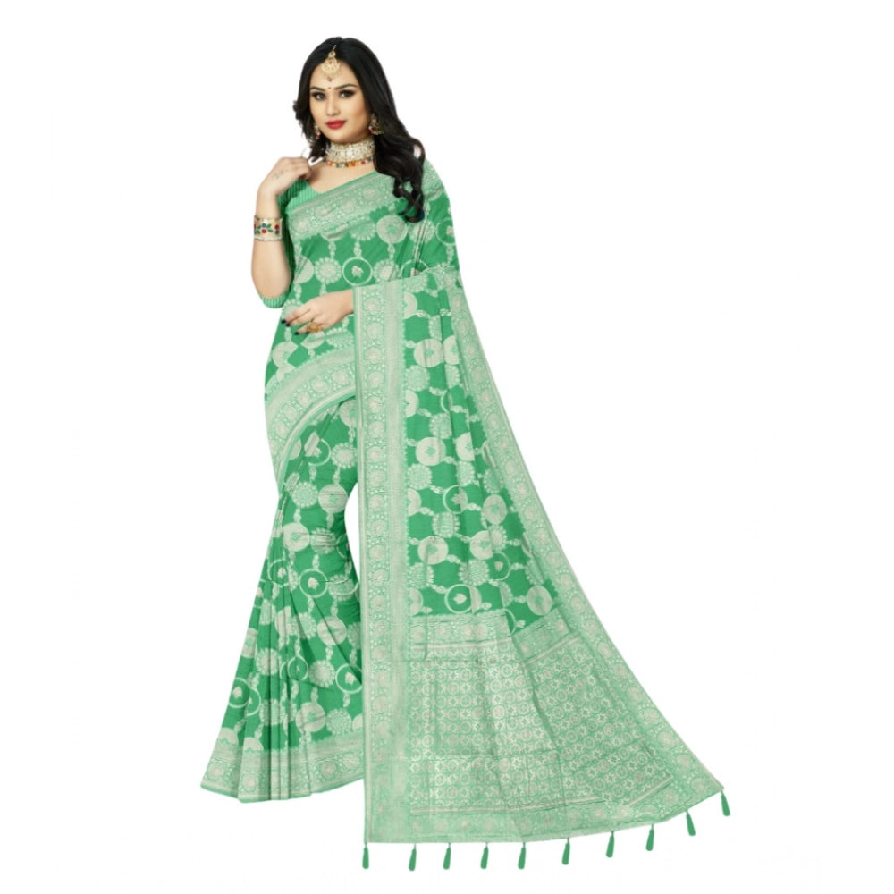 Amfyn Women's Cotton Printed Saree With Unstitched Blouse 5.5Mtr (Rama)