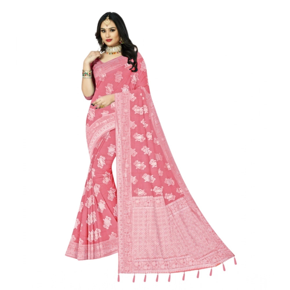 Amfyn Women's Cotton Printed Saree With Unstitched Blouse 5.5Mtr (Peach)