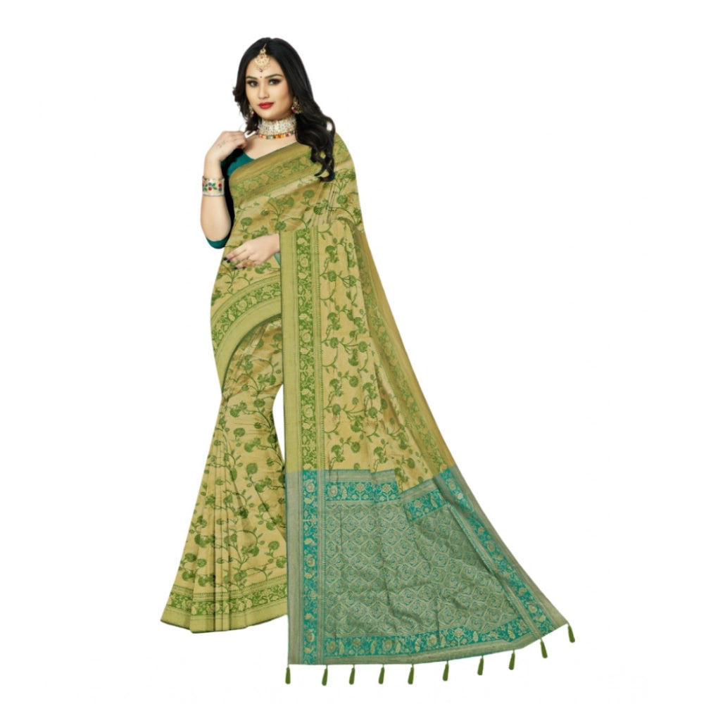 Amfyn Women's Banarasi Printed Saree With Unstitched Blouse 5.5Mtr (Green)