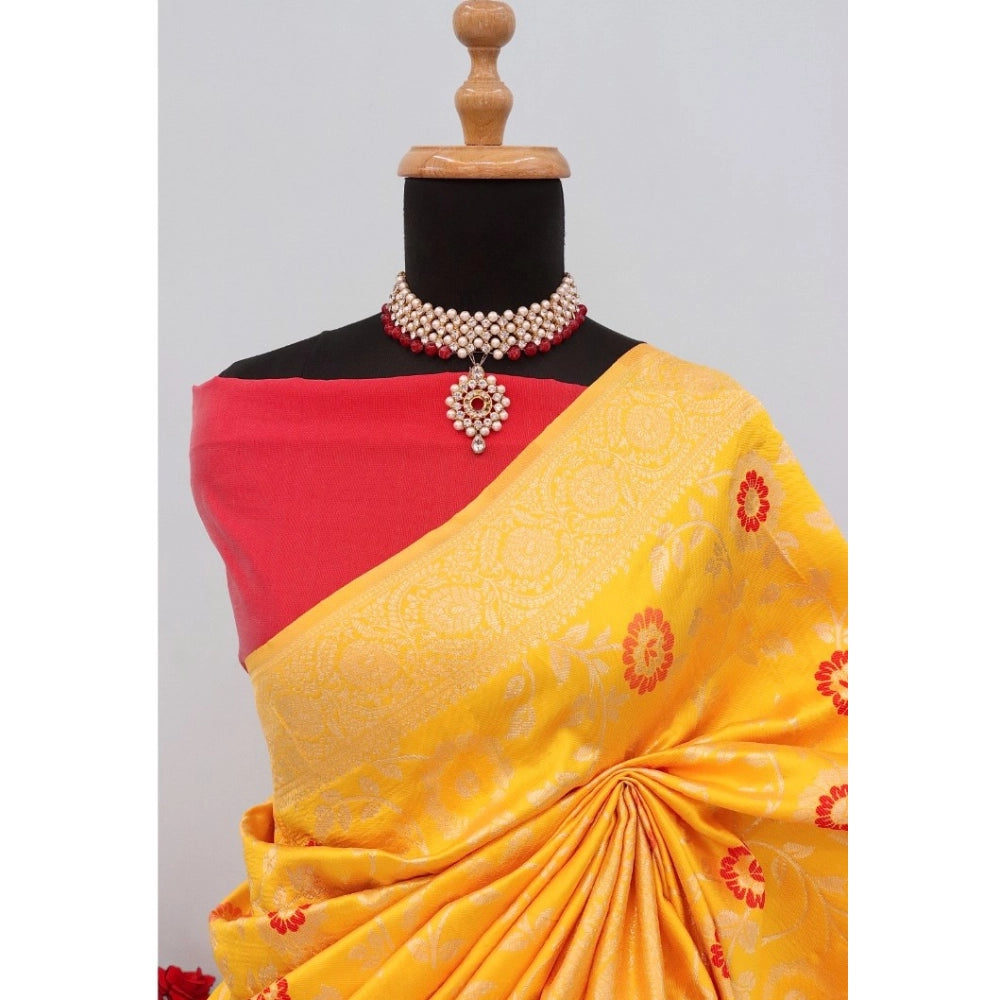 Amfyn Women's Banarasi Printed Saree With Unstitched Blouse 5.5Mtr (Yellow)