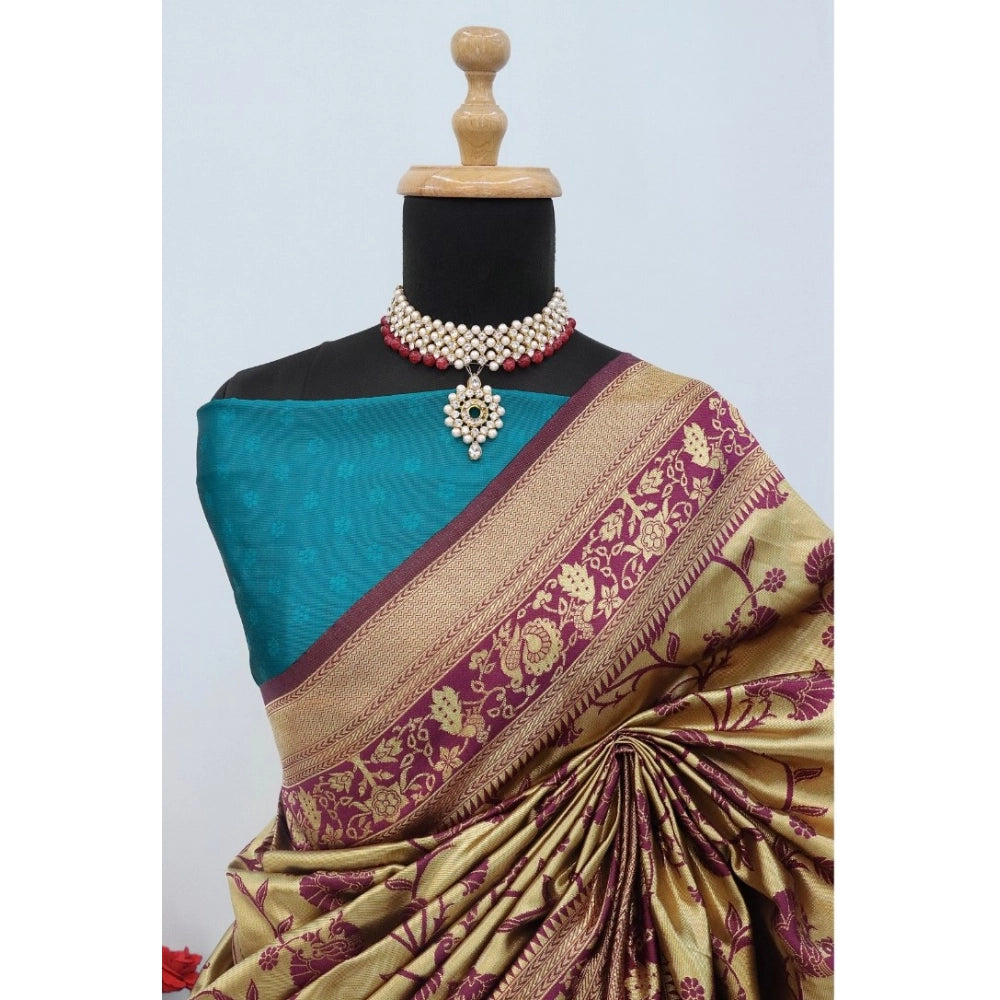 Amfyn Women's Banarasi Printed Saree With Unstitched Blouse 5.5Mtr (Goldan)