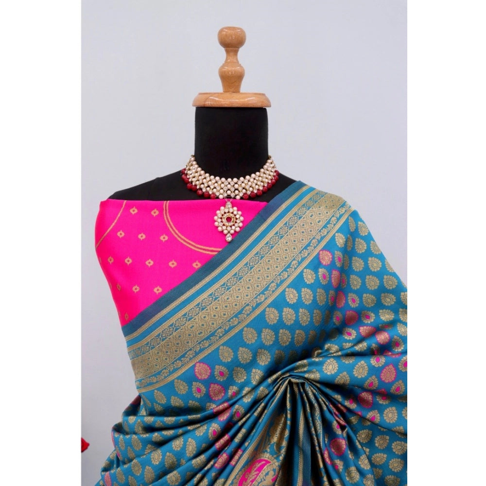 Amfyn Women's Banarasi Printed Saree With Unstitched Blouse 5.5Mtr (Aqua Blue)