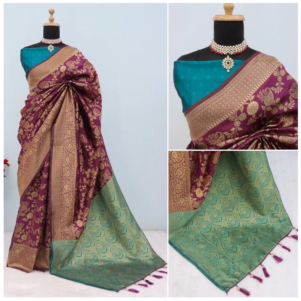 Amfyn Women's Banarasi Printed Saree With Unstitched Blouse 5.5Mtr (Purple)