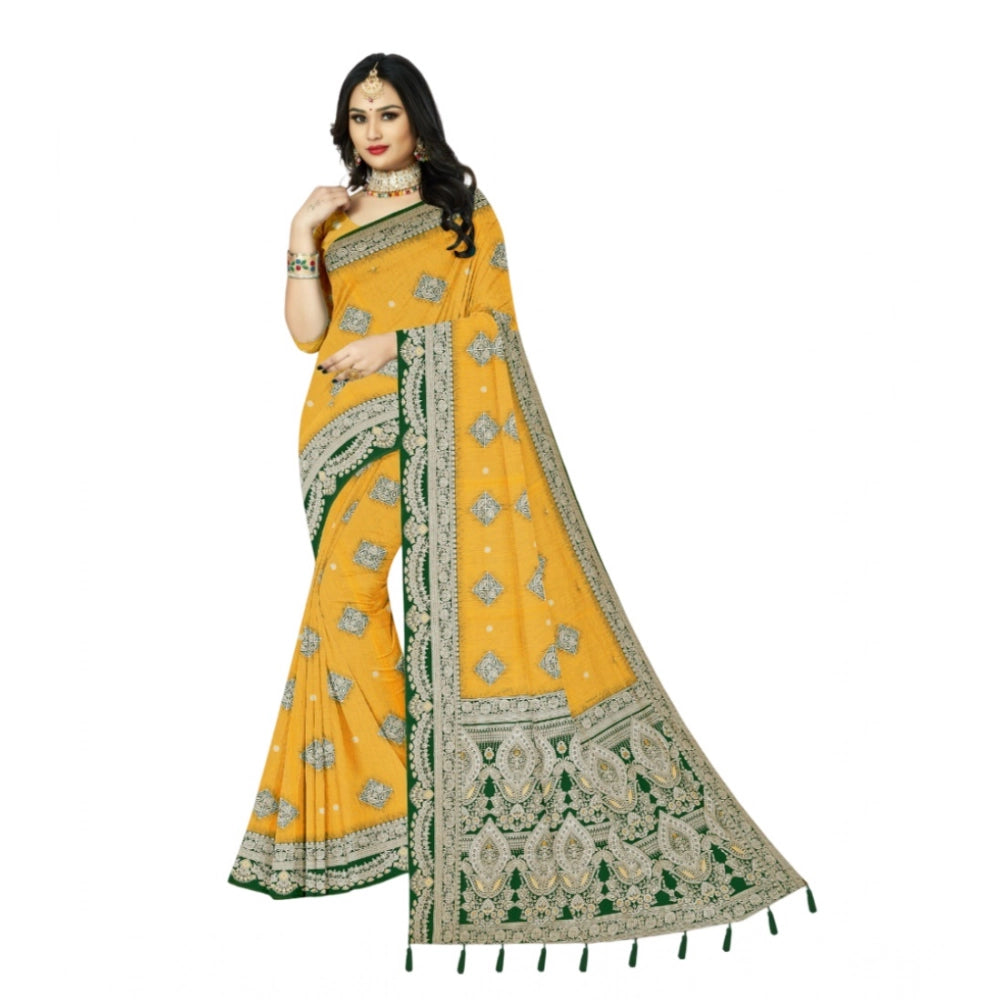Amfyn Women's Cotton Printed Saree With Unstitched Blouse 5.5Mtr (Yellow)