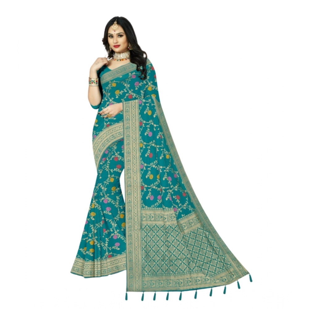 Amfyn Women's Banarasi Printed Saree With Unstitched Blouse 5.5Mtr (Rama)