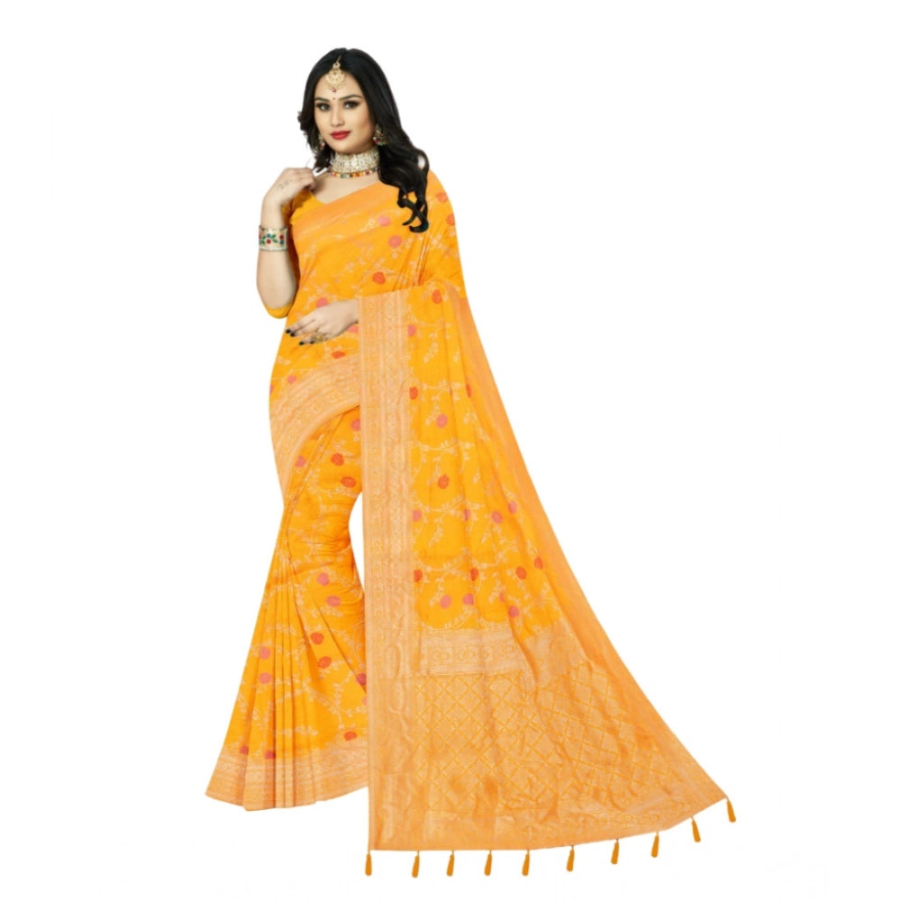Amfyn Women's Banarasi Printed Saree With Unstitched Blouse 5.5Mtr (Yellow)