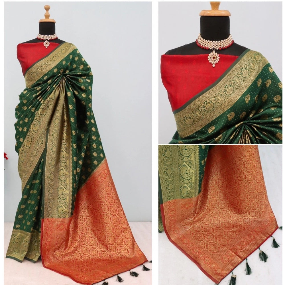 Amfyn Women's Banarasi Printed Saree With Unstitched Blouse 5.5Mtr (Green)