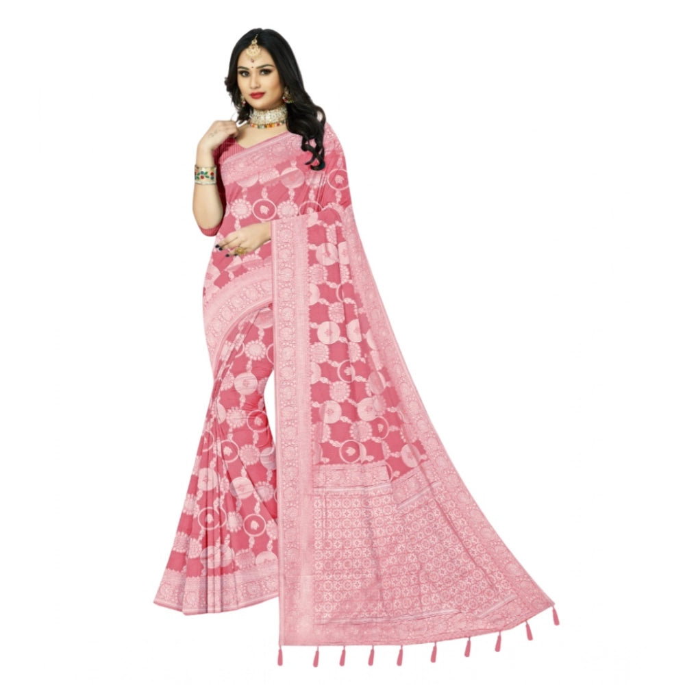 Amfyn Women's Cotton Printed Saree With Unstitched Blouse 5.5Mtr (Peach)