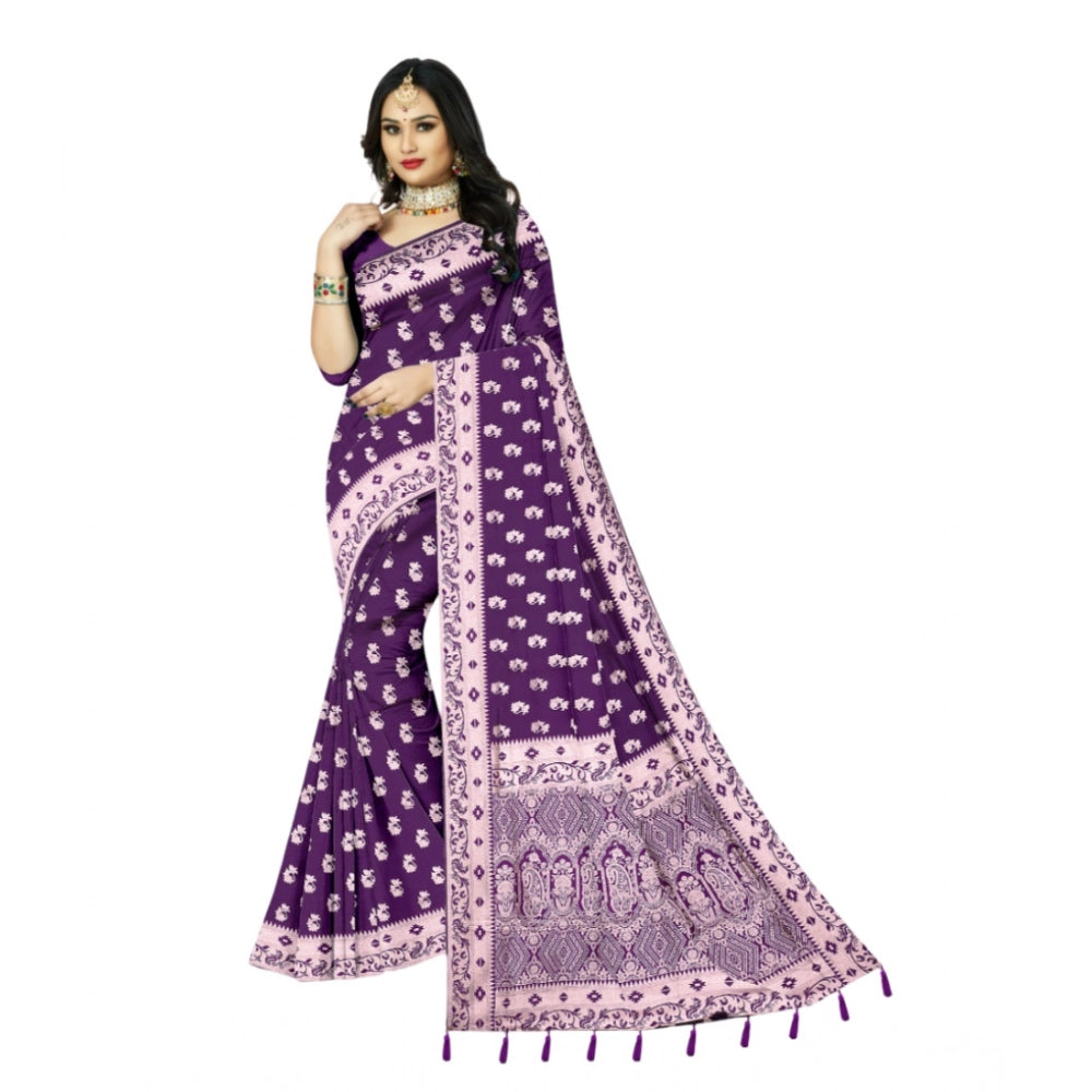 Amfyn Women's Satin Printed Saree With Unstitched Blouse 5.5Mtr (Purple)