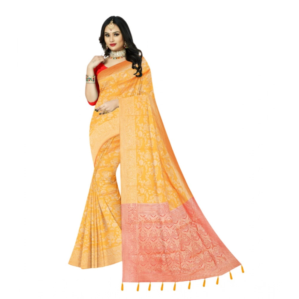Amfyn Women's Banarasi Printed Saree With Unstitched Blouse 5.5Mtr (Yellow)