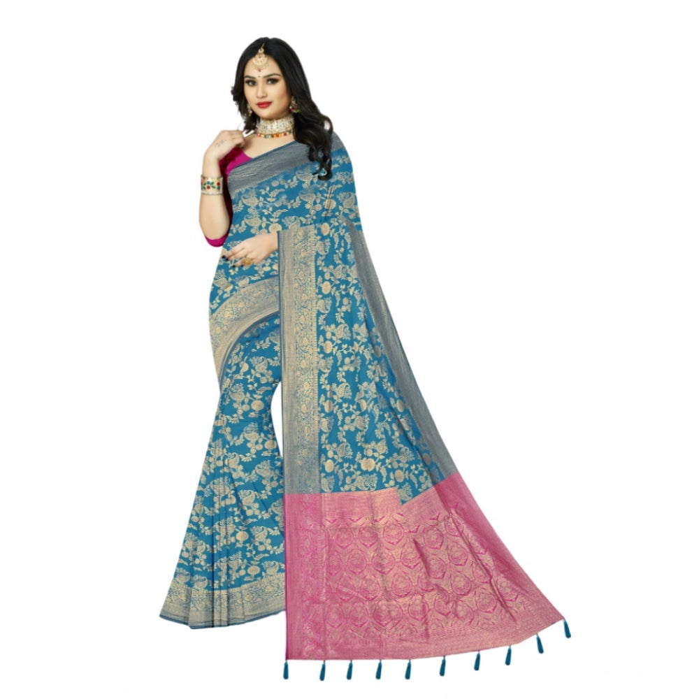 Amfyn Women's Banarasi Printed Saree With Unstitched Blouse 5.5Mtr (Aqua Blue)
