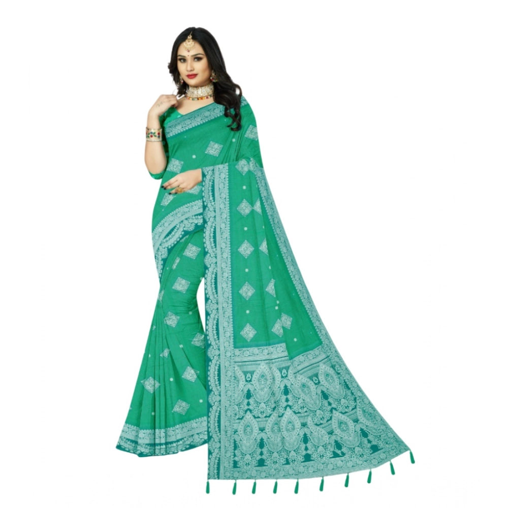 Amfyn Women's Cotton Printed Saree With Unstitched Blouse 5.5Mtr (Rama)