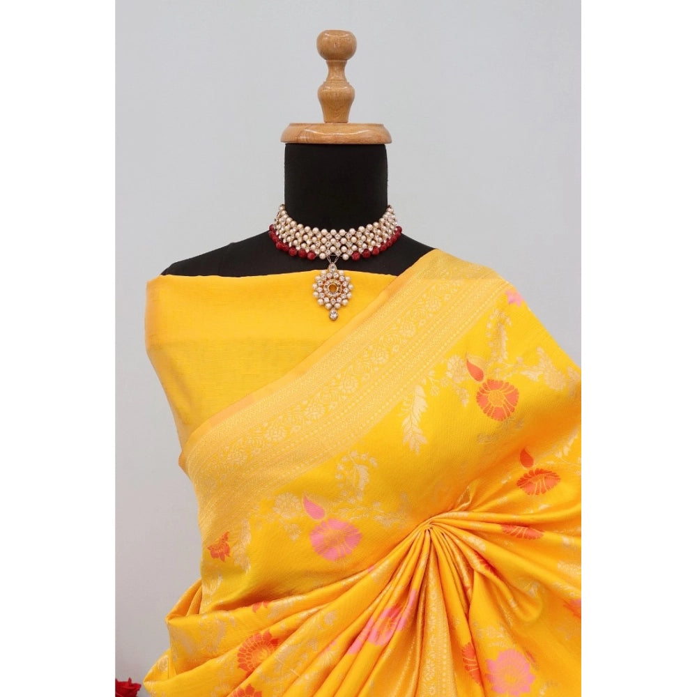 Amfyn Women's Banarasi Printed Saree With Unstitched Blouse 5.5Mtr (Yellow)