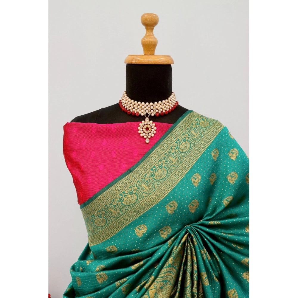 Amfyn Women's Banarasi Printed Saree With Unstitched Blouse 5.5Mtr (Rama)