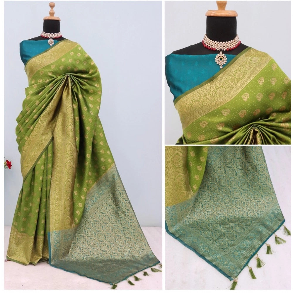 Amfyn Women's Banarasi Printed Saree With Unstitched Blouse 5.5Mtr (Mehendi Green)