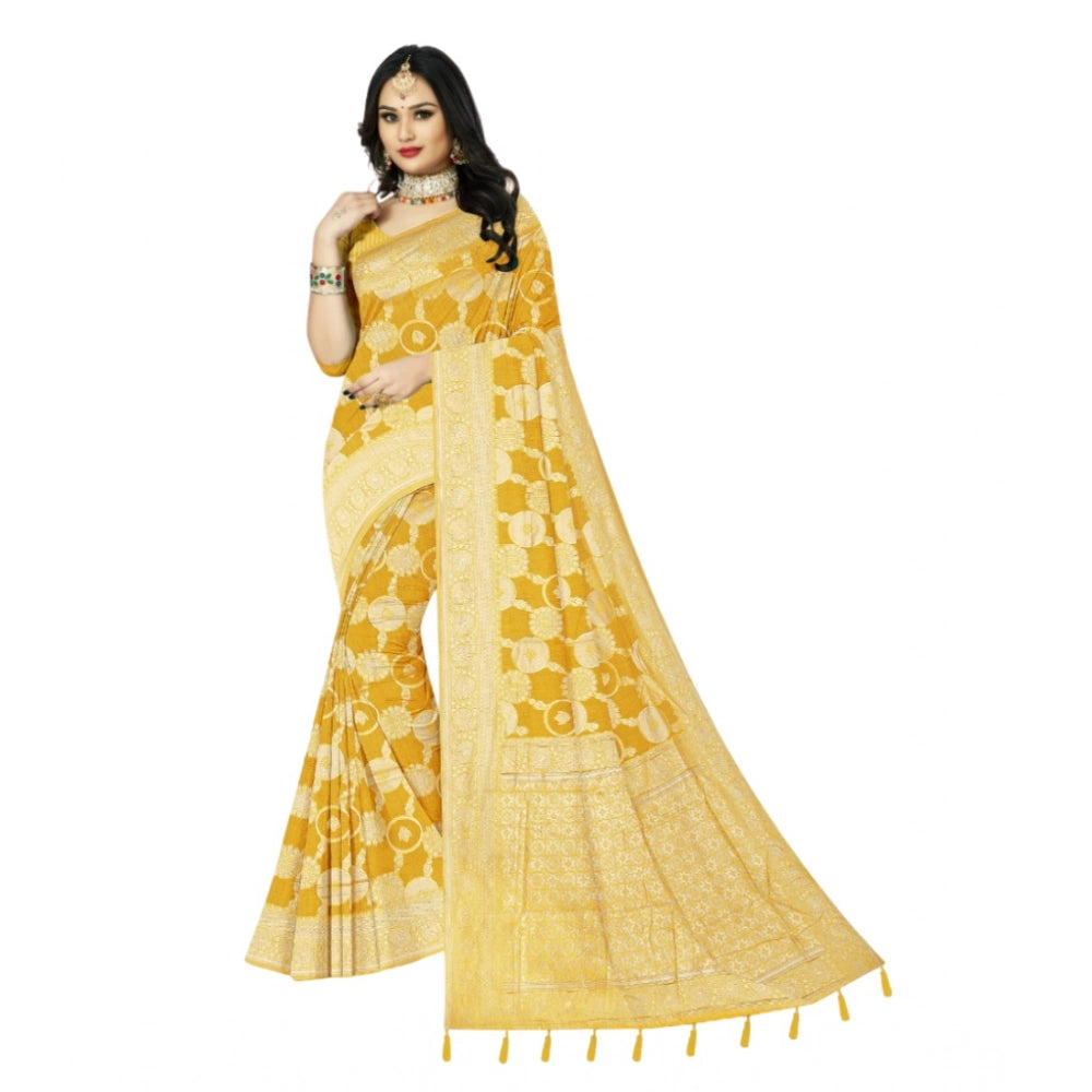 Amfyn Women's Cotton Printed Saree With Unstitched Blouse 5.5Mtr (Yellow)
