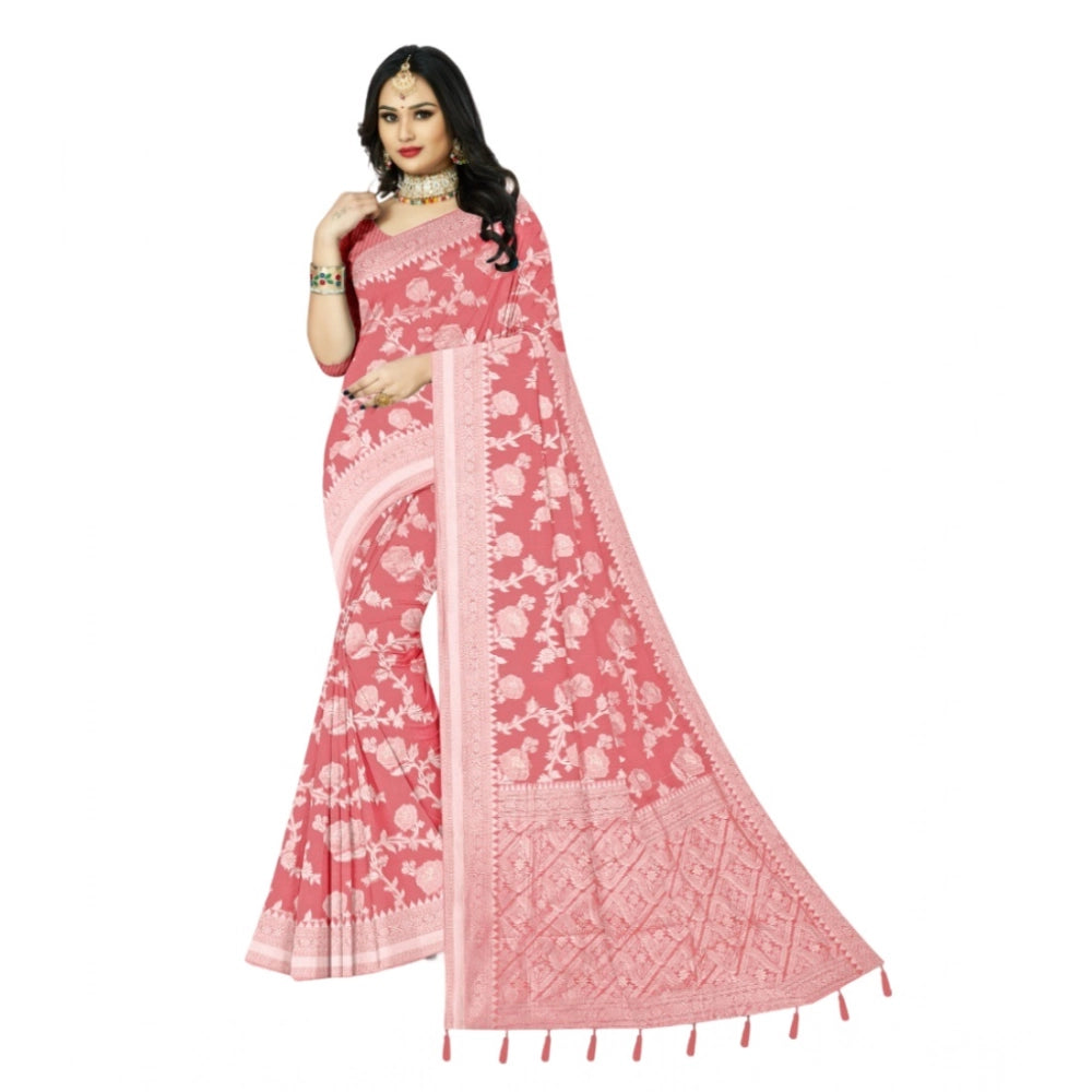 Amfyn Women's Cotton Printed Saree With Unstitched Blouse 5.5Mtr (Peach)