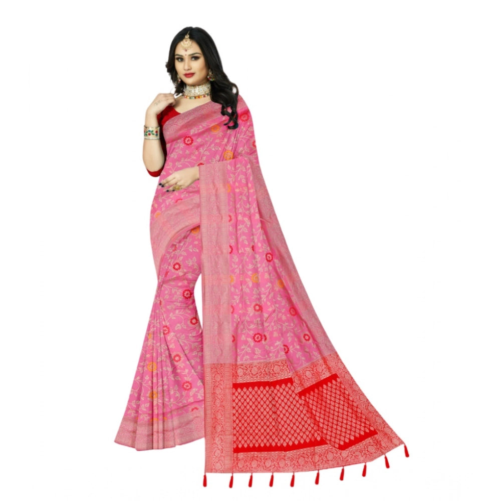 Amfyn Women's Banarasi Printed Saree With Unstitched Blouse 5.5Mtr (Pink)