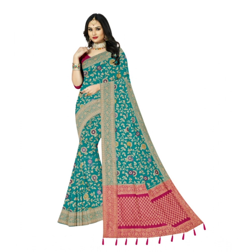 Amfyn Women's Banarasi Printed Saree With Unstitched Blouse 5.5Mtr (Rama)