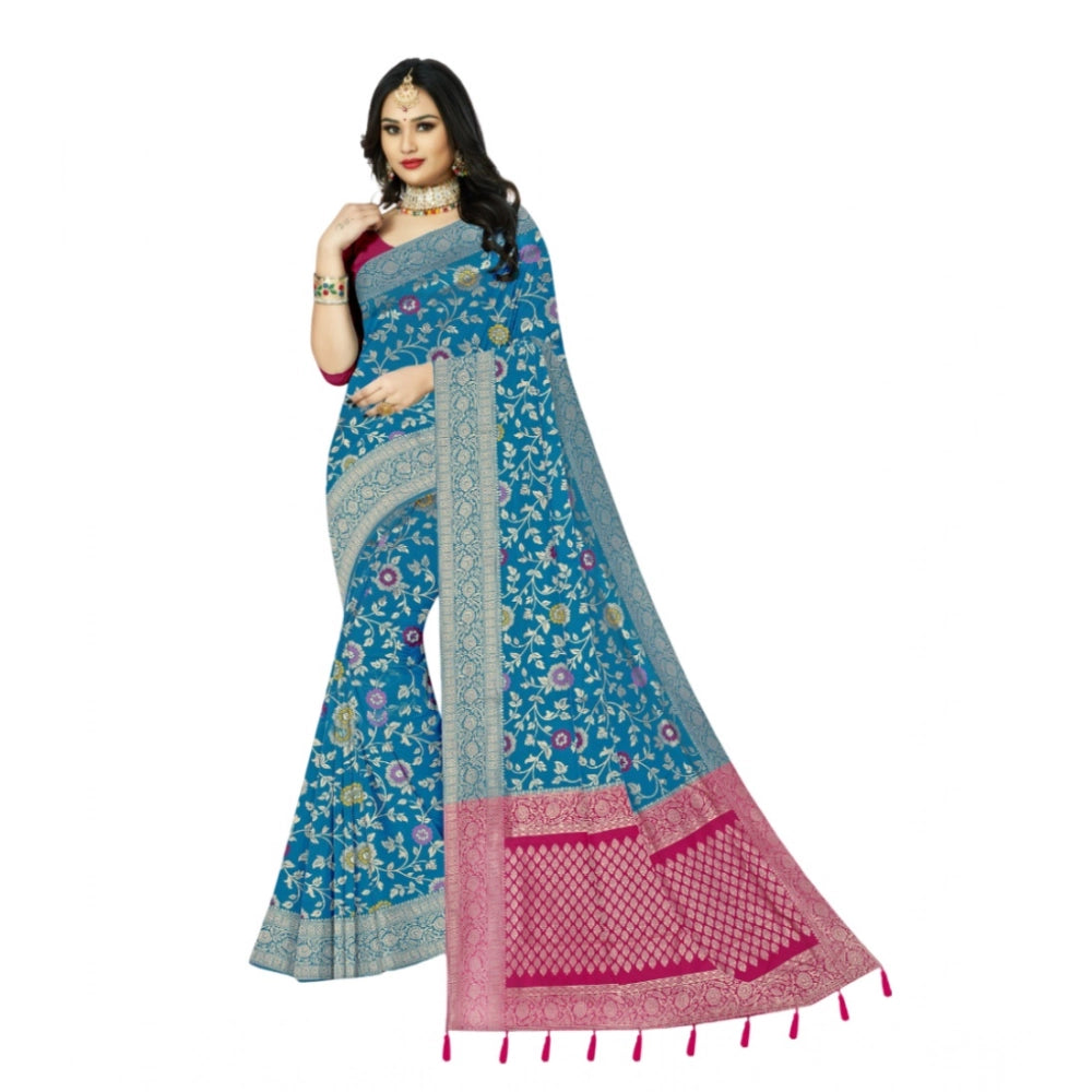 Amfyn Women's Banarasi Printed Saree With Unstitched Blouse 5.5Mtr (Aqua Blue)