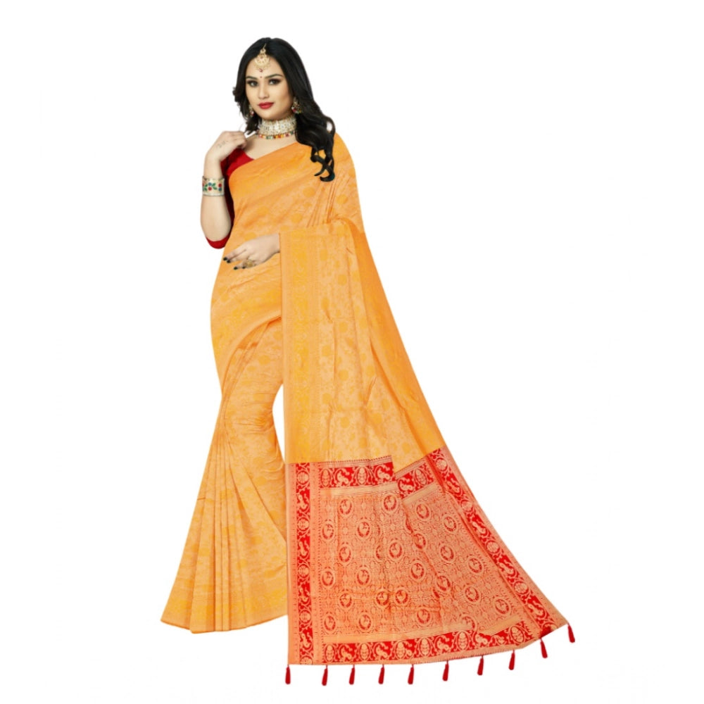 Amfyn Women's Banarasi Printed Saree With Unstitched Blouse 5.5Mtr (Yellow)