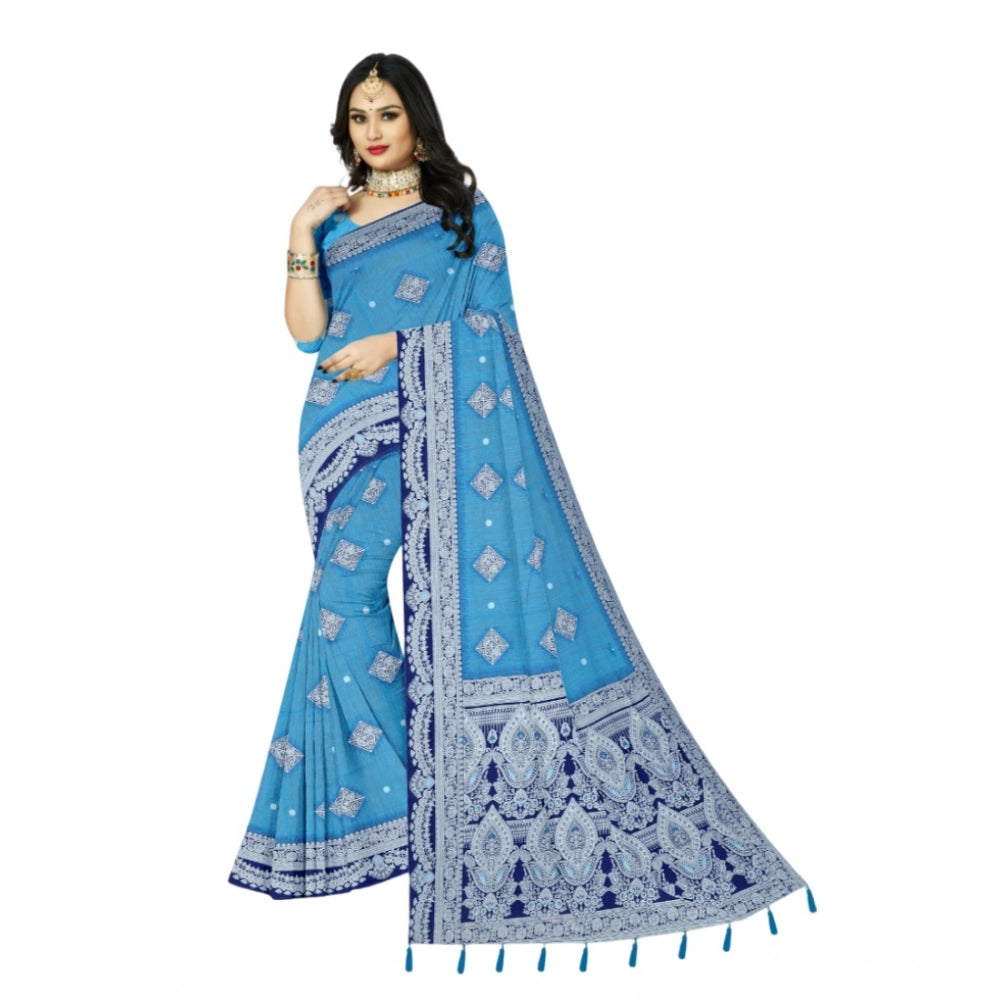 Amfyn Women's Cotton Printed Saree With Unstitched Blouse 5.5Mtr (Firozi)