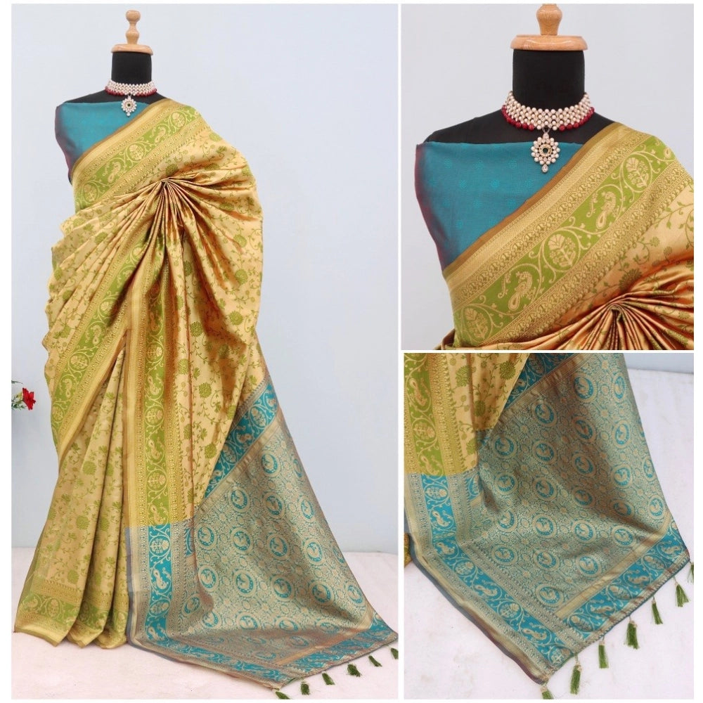 Amfyn Women's Banarasi Printed Saree With Unstitched Blouse 5.5Mtr (Goldan)