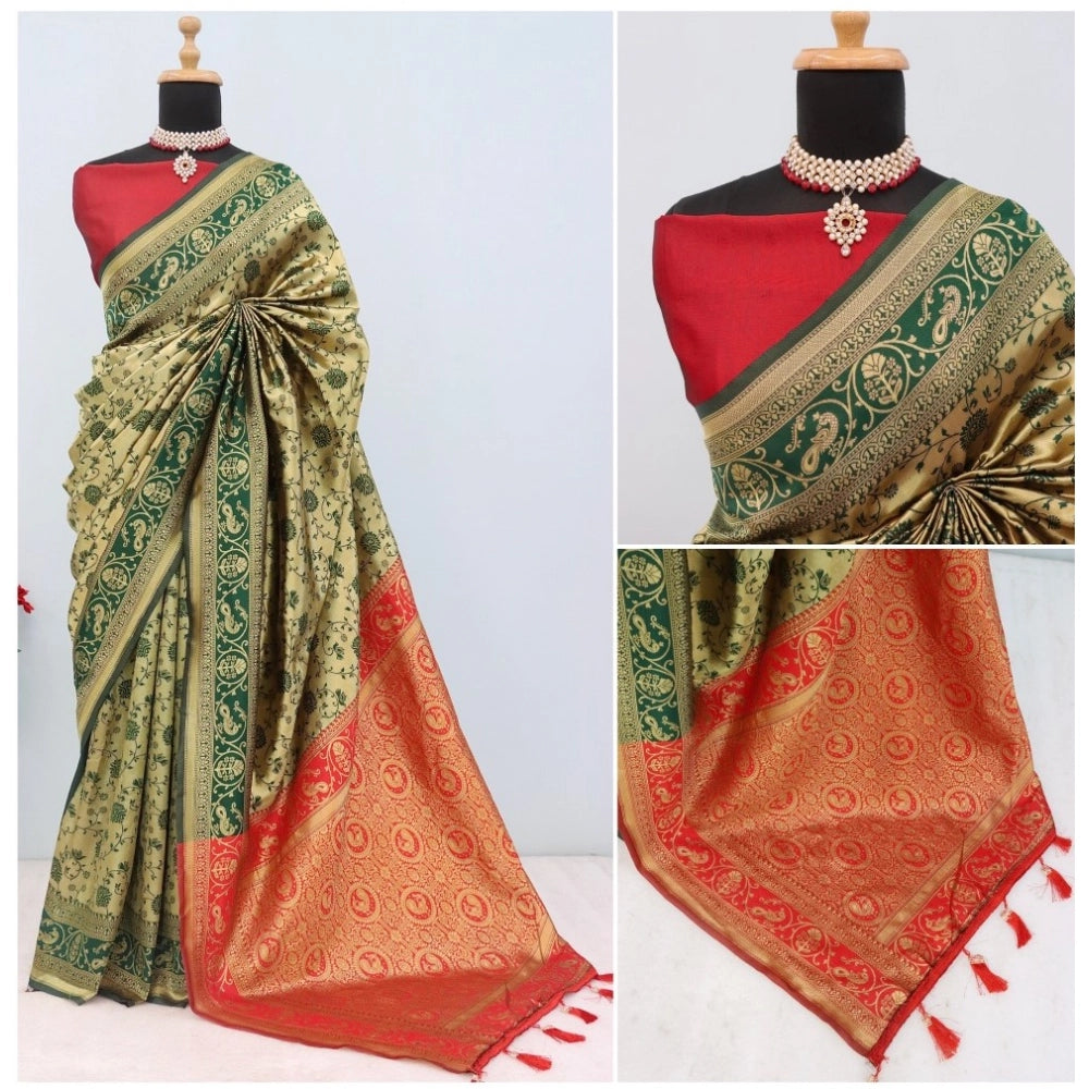 Amfyn Women's Banarasi Printed Saree With Unstitched Blouse 5.5Mtr (Goldan)