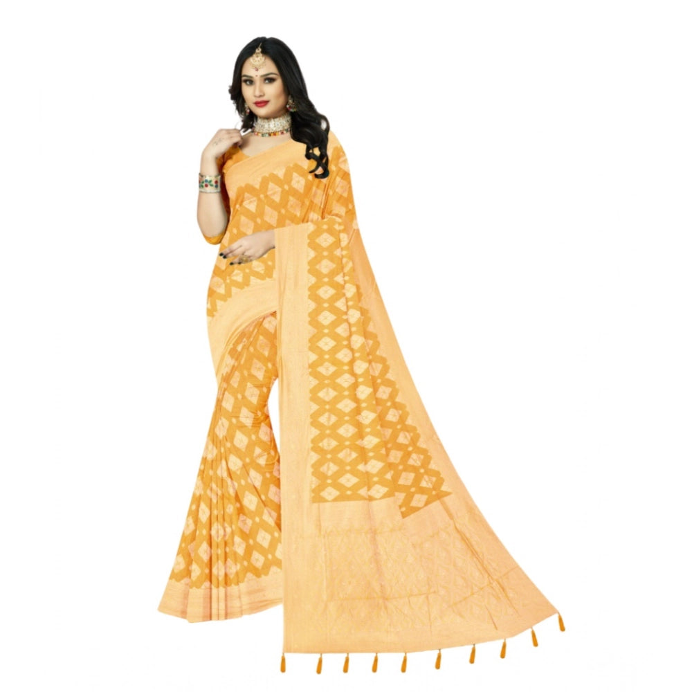 Amfyn Women's Cotton Printed Saree With Unstitched Blouse 5.5Mtr (Yellow)