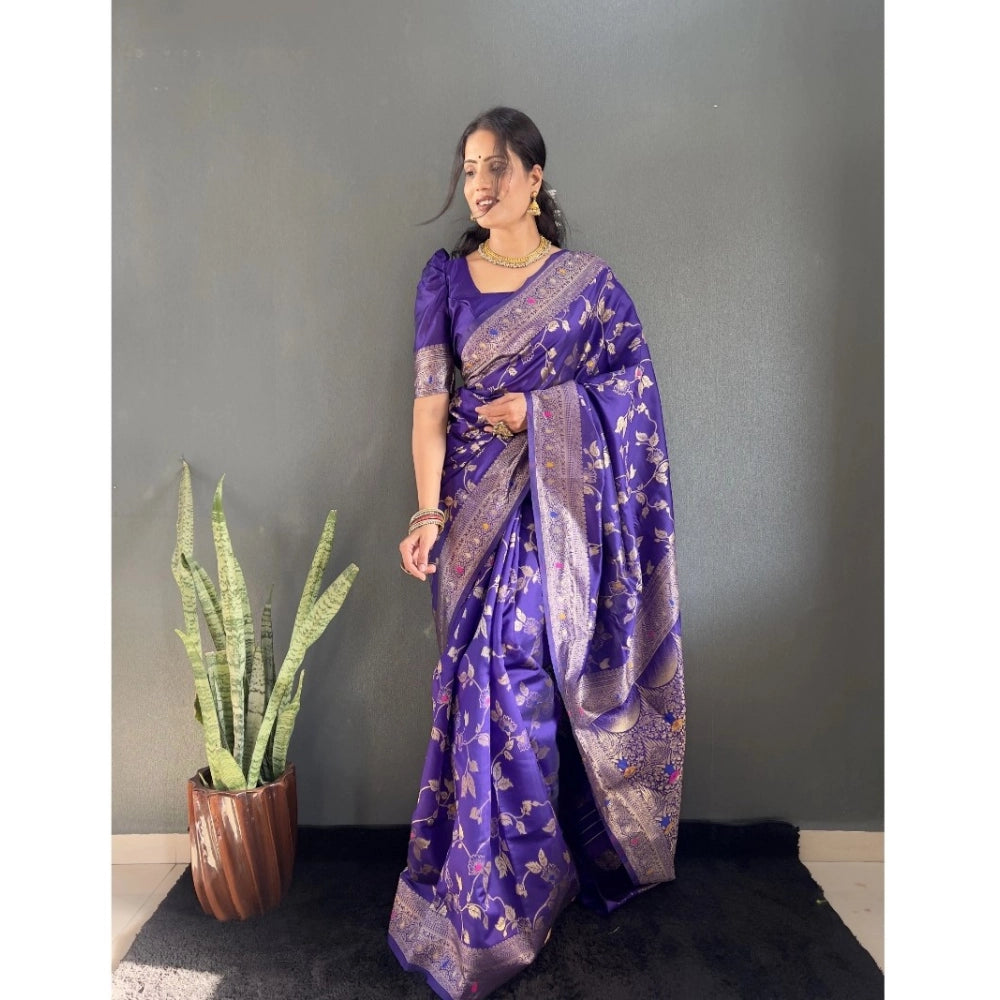 Amfyn Women's Silk Blend Woven Kanjivaram Saree With Unstitched Blouse (5.5Mtr, Purple)