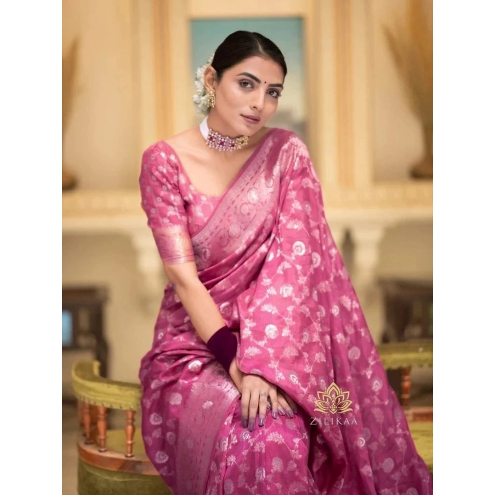 Amfyn Women's Silk Woven Kanjivaram Saree With Unstitched Blouse (5.5Mtr, Pink)