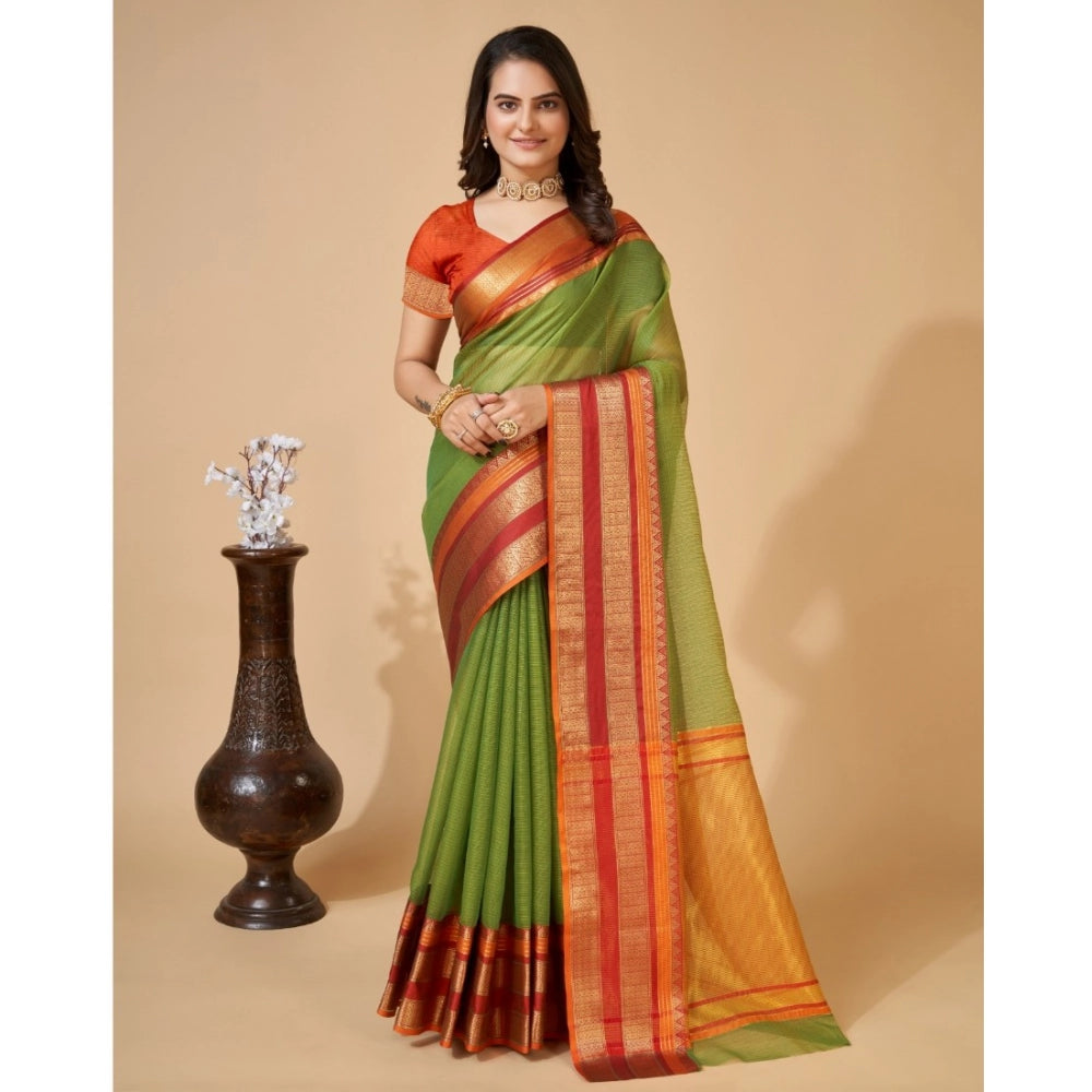 Amfyn Women's Cotton Blend Woven Saree With Unstitched Blouse (5.5Mtr, Green)