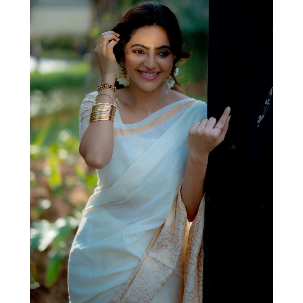 Amfyn Women's Silk Blend Self Design Bollywood Saree With Unstitched Blouse (5.5Mtr, White)