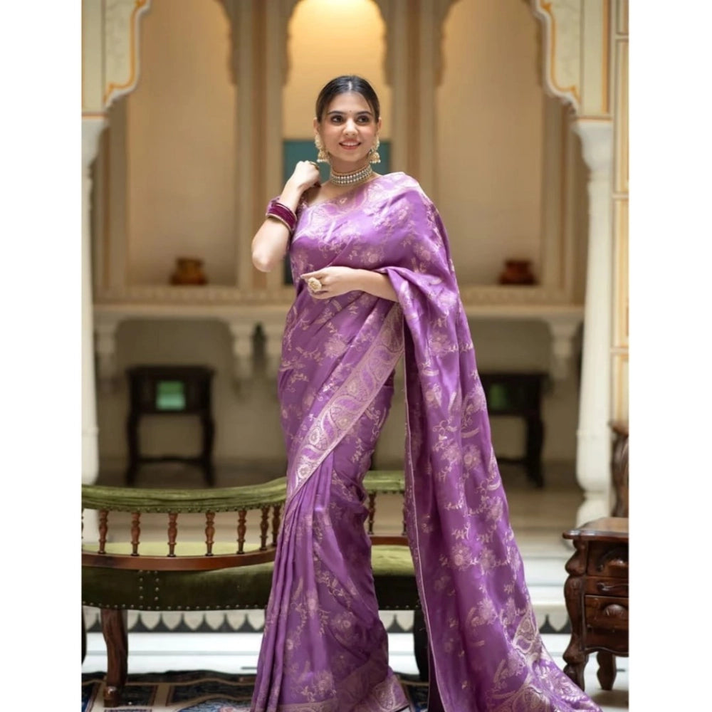 Amfyn Women's Art Silk Embellished Kanjivaram Saree With Unstitched Blouse (5.5Mtr, Lavender)