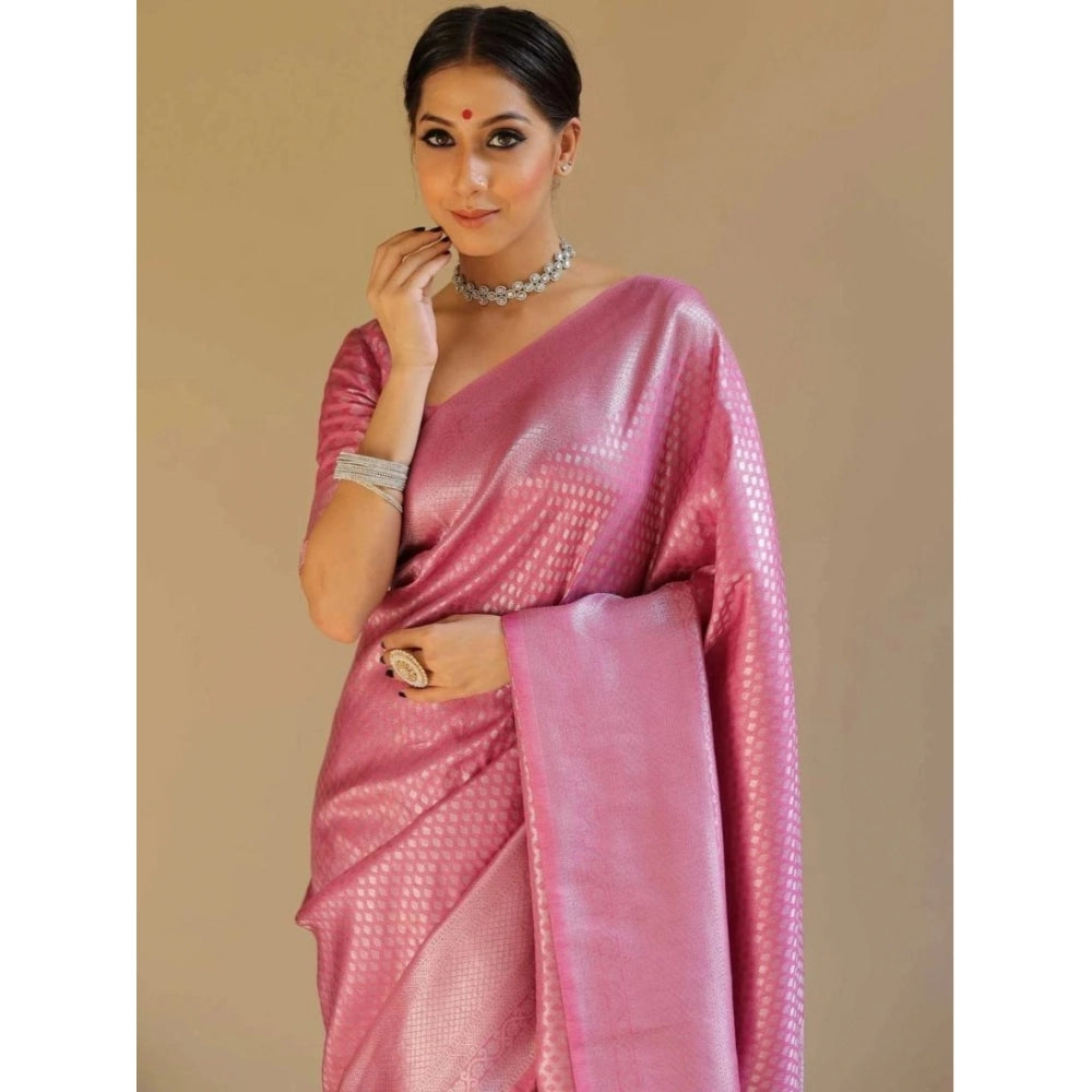 Amfyn Women's Silk Blend Woven Kanjivaram Saree With Unstitched Blouse (5.5Mtr, Pink)