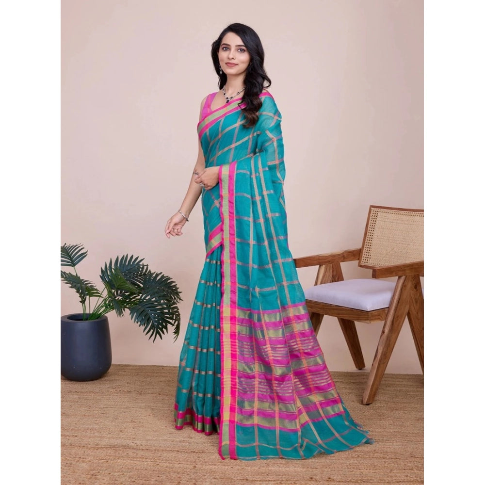 Amfyn Women's Cotton Silk Checkered Kota Doria Saree With Unstitched Blouse (5.5Mtr, Rama)