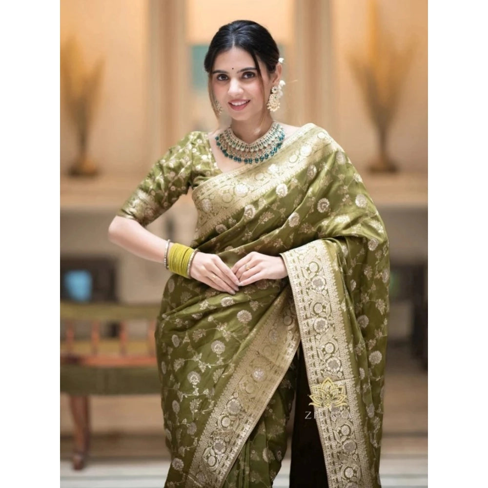 Amfyn Women's Silk Woven Kanjivaram Saree With Unstitched Blouse (5.5Mtr, Mehendi Green)
